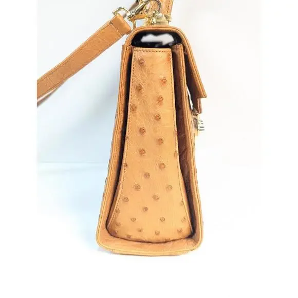 Scuola Del Cuoio Ostrich Leather Caramel Brown Flap Handbag Purse Firenze Italy - Picture 11 of 16